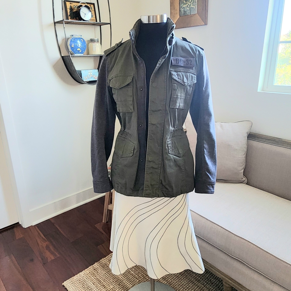 Beyond Closet Army/ Olive Green Women's Utility Jacket With Gray Cotton Sleeve